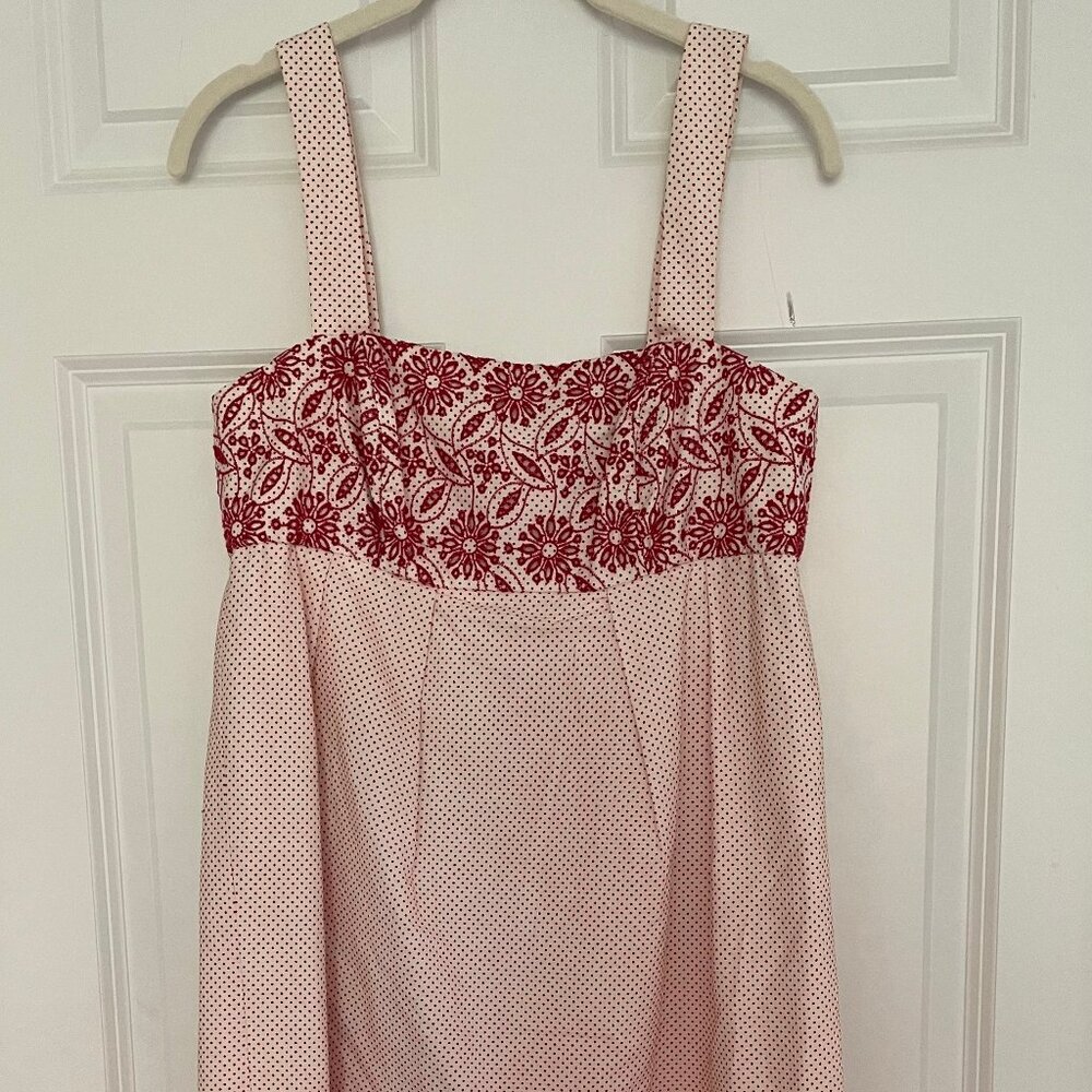OCOC red ivory baby doll shift, wide straps embroidered eyelet red detail